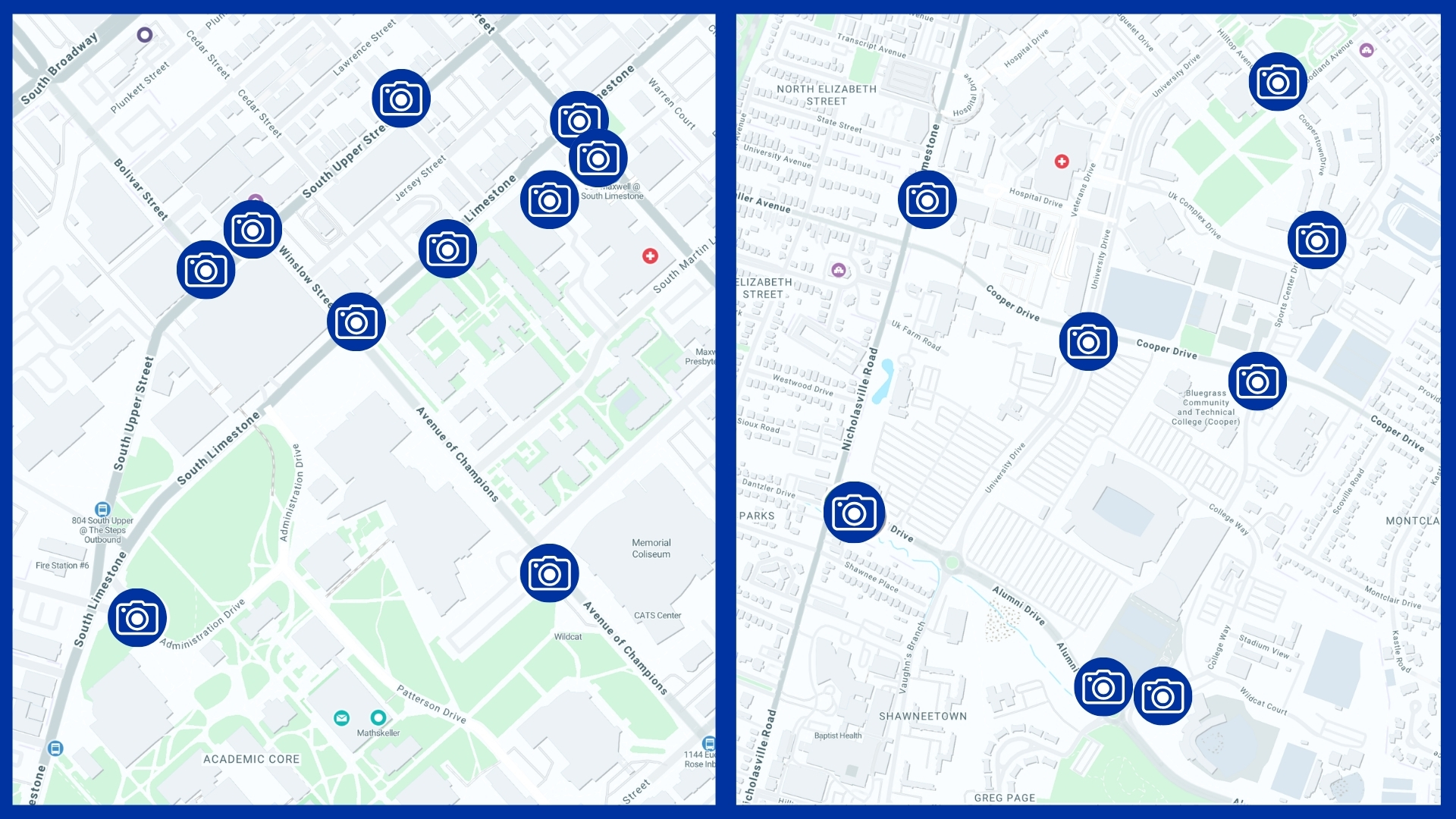 a map with blue camera icons indicating the locations of Flock Safety cameras on campus, spanning from the Limestone corridor to Alumni Drive.