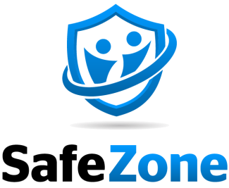 SafeZone logo, blue and black with a shield
