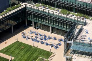 an aerial view of the student center courtyard