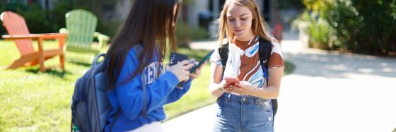 Two students outside looking at their smartphones