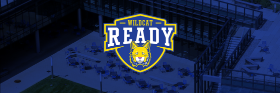 the wildcat ready shield logo overlayed on a photo of the student center courtyard